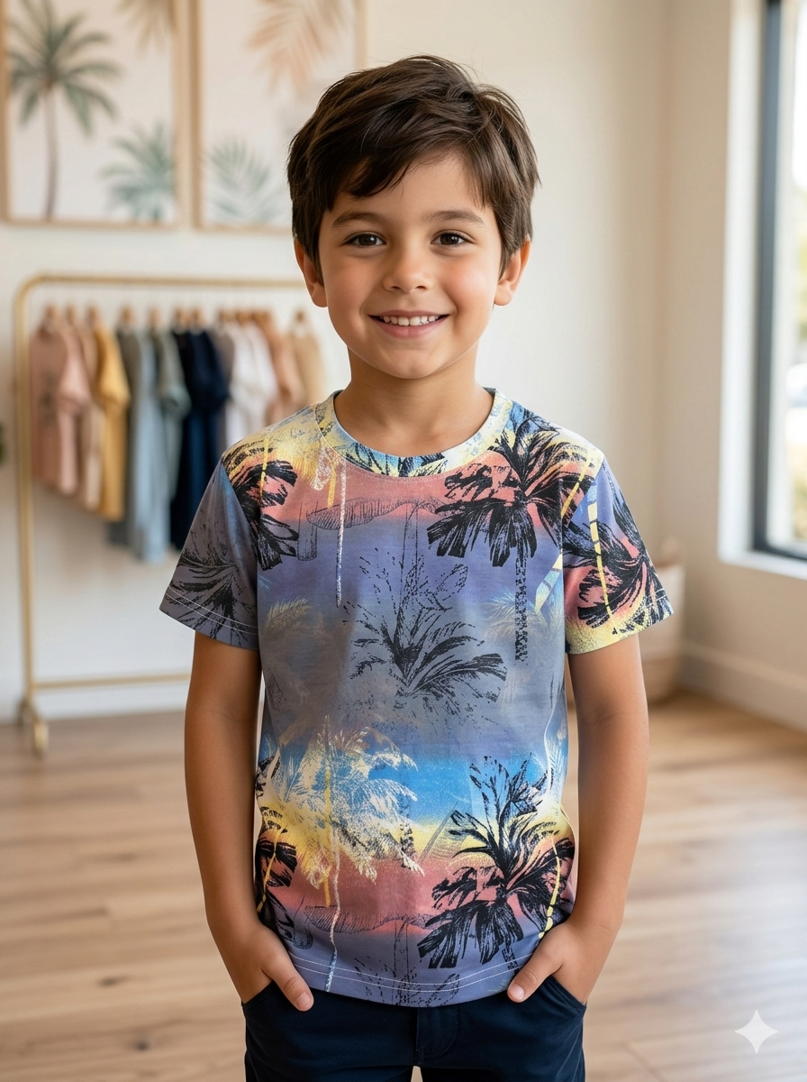 Greyish Blue Beach Style Printed T-shirt for Boys
