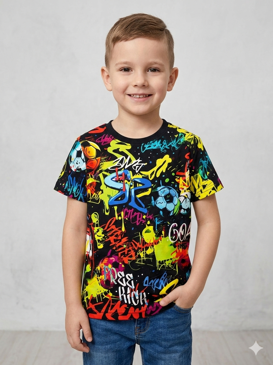 Black Multi Color Style Printed T-shirt for Boys