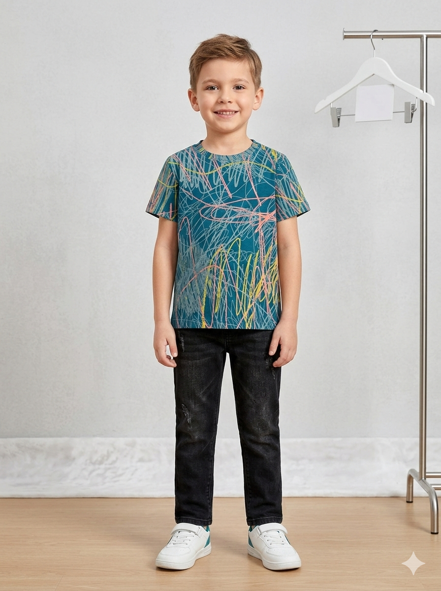 Blue Multi Color Lines Style Printed T-shirt for Boys