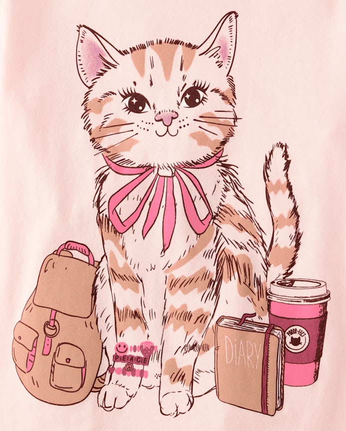 Girl Pink Cat Things Graphic Tee - Pink