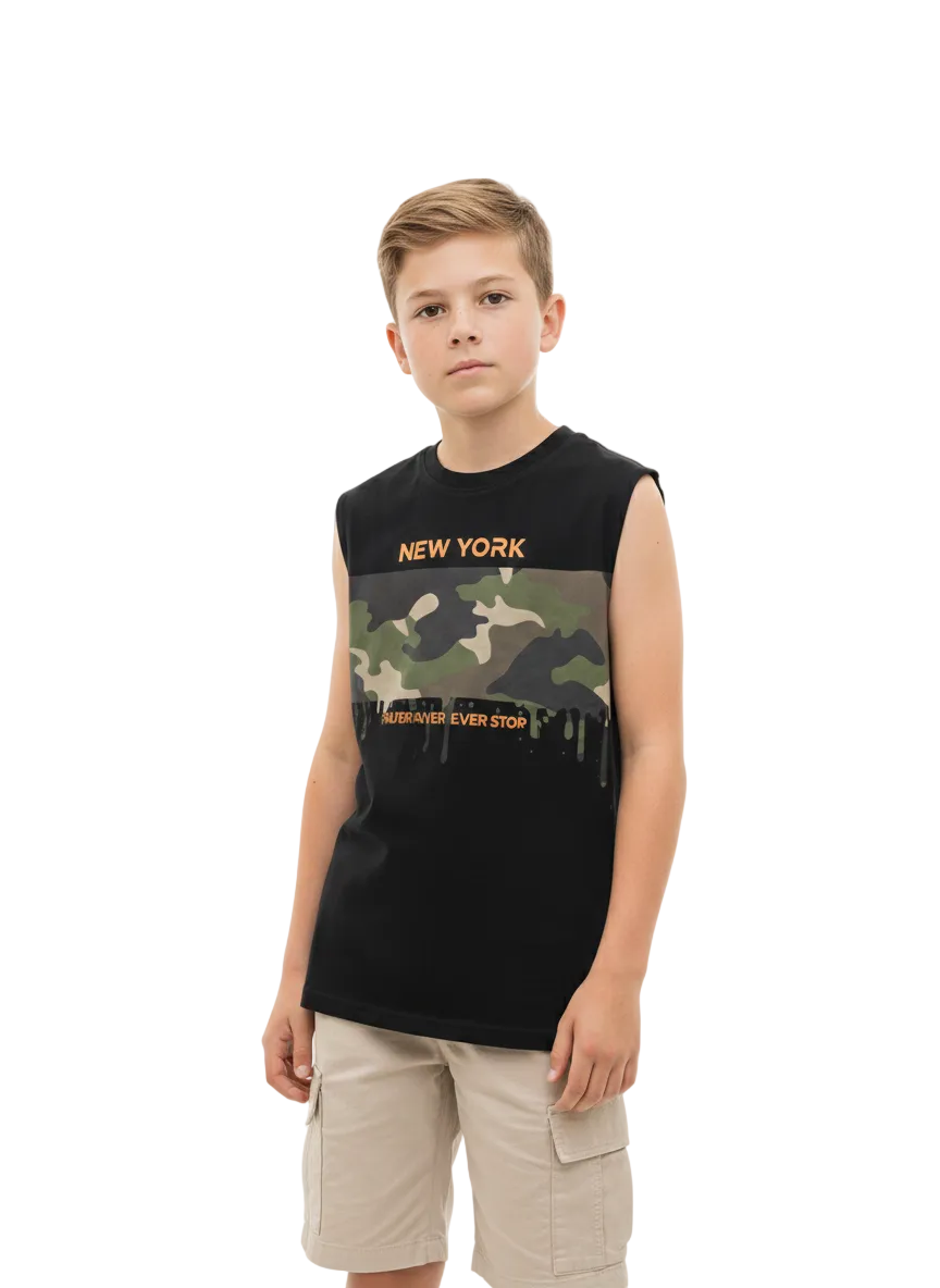 Black NY Printed Boys Sleeveless T-shirt