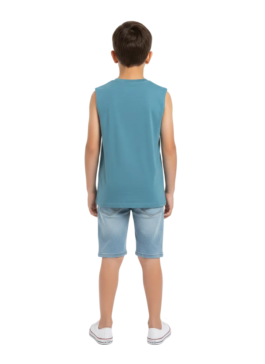 Blue Printed Boys Sleeveless T-shirt