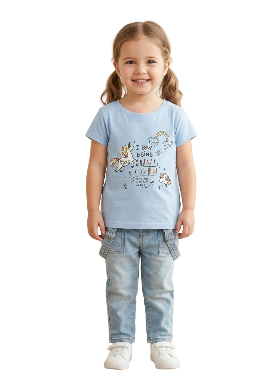Blue Unicorn Printed T-shirt for Girls