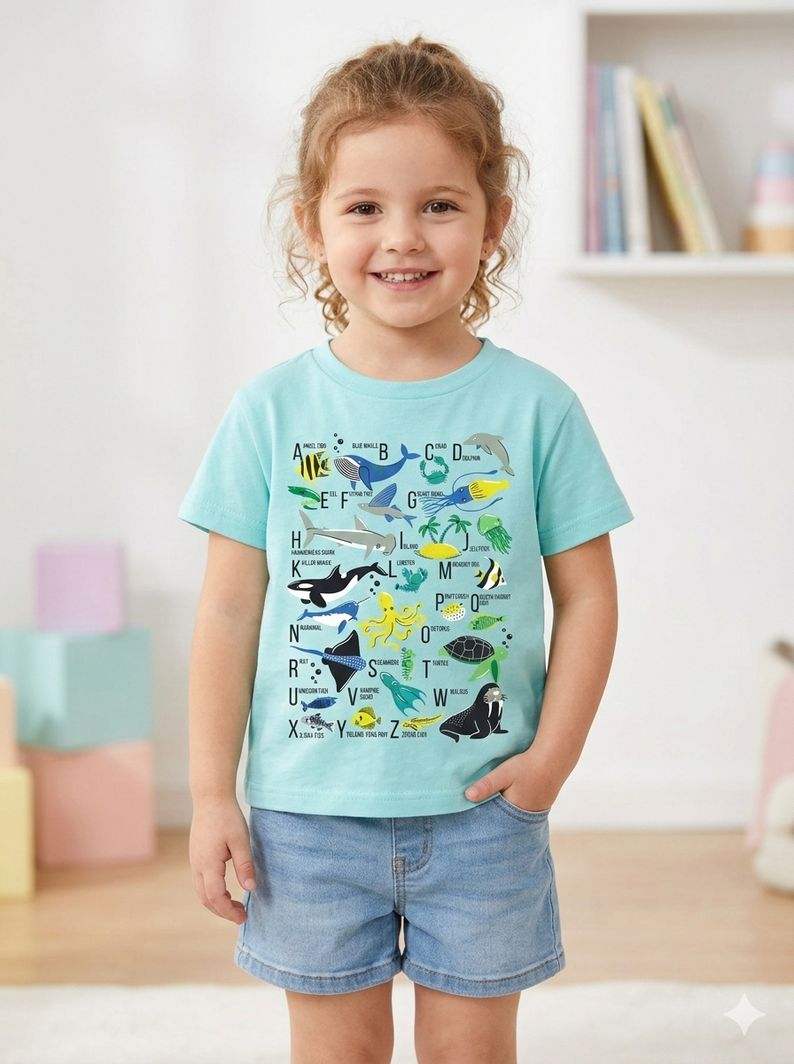 Sea Blue Fish Alphabets Box Fit Tee for Girls