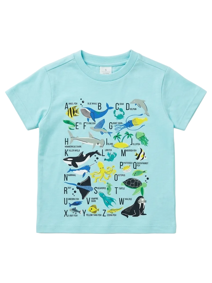 Sea Blue Fish Alphabets Box Fit Tee for Girls