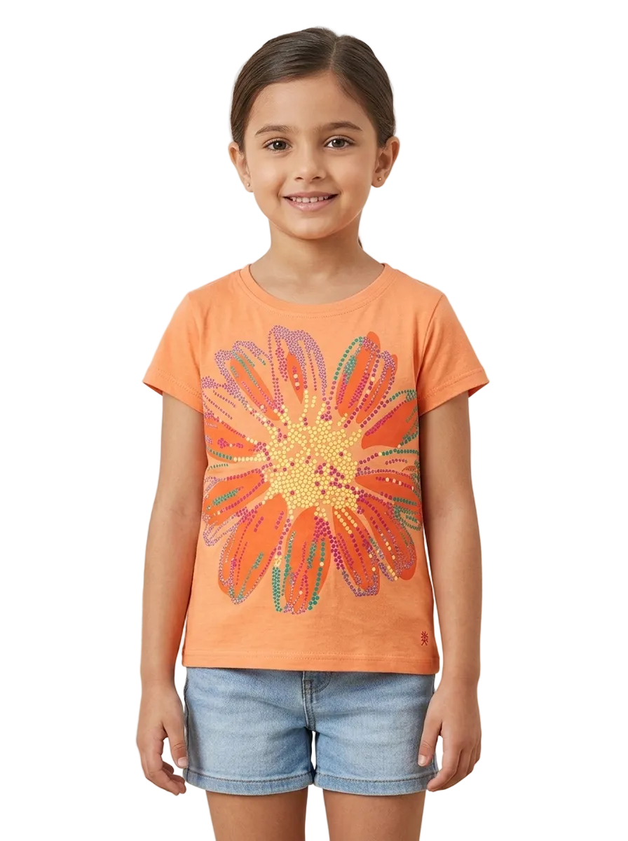 Light Orange Flower Printed T-shirt for Girls