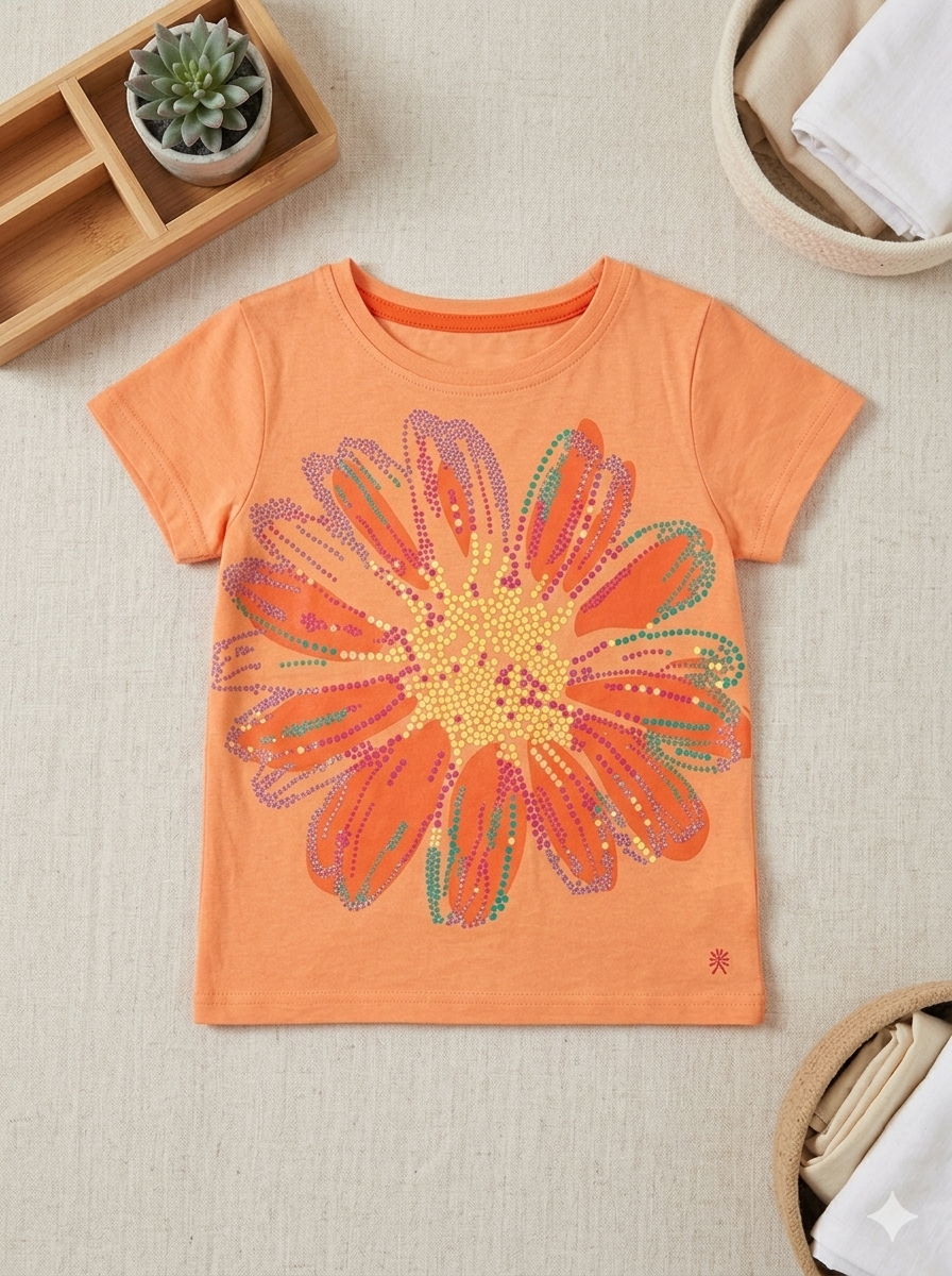 Light Orange Flower Printed T-shirt for Girls