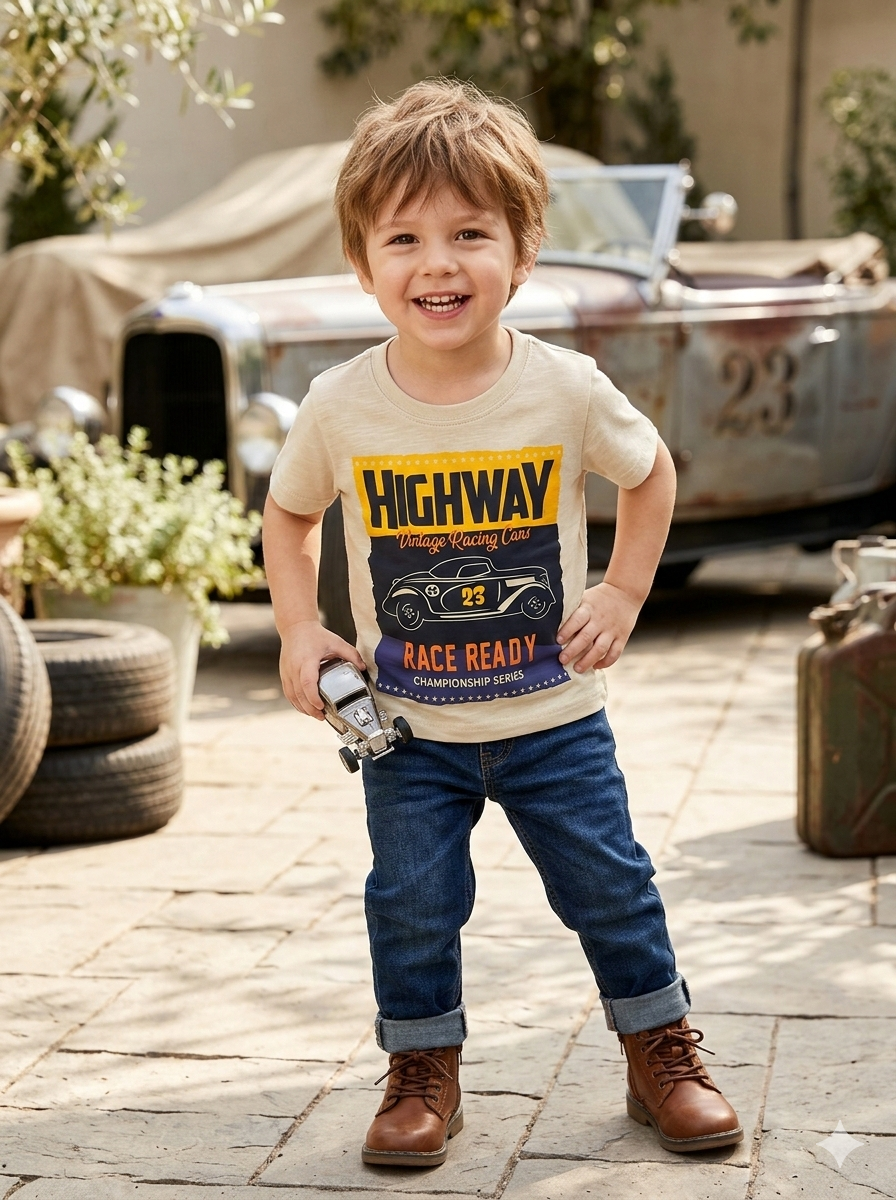 Beige Race Ready Printed T-shirt for Boys (Minor defect)