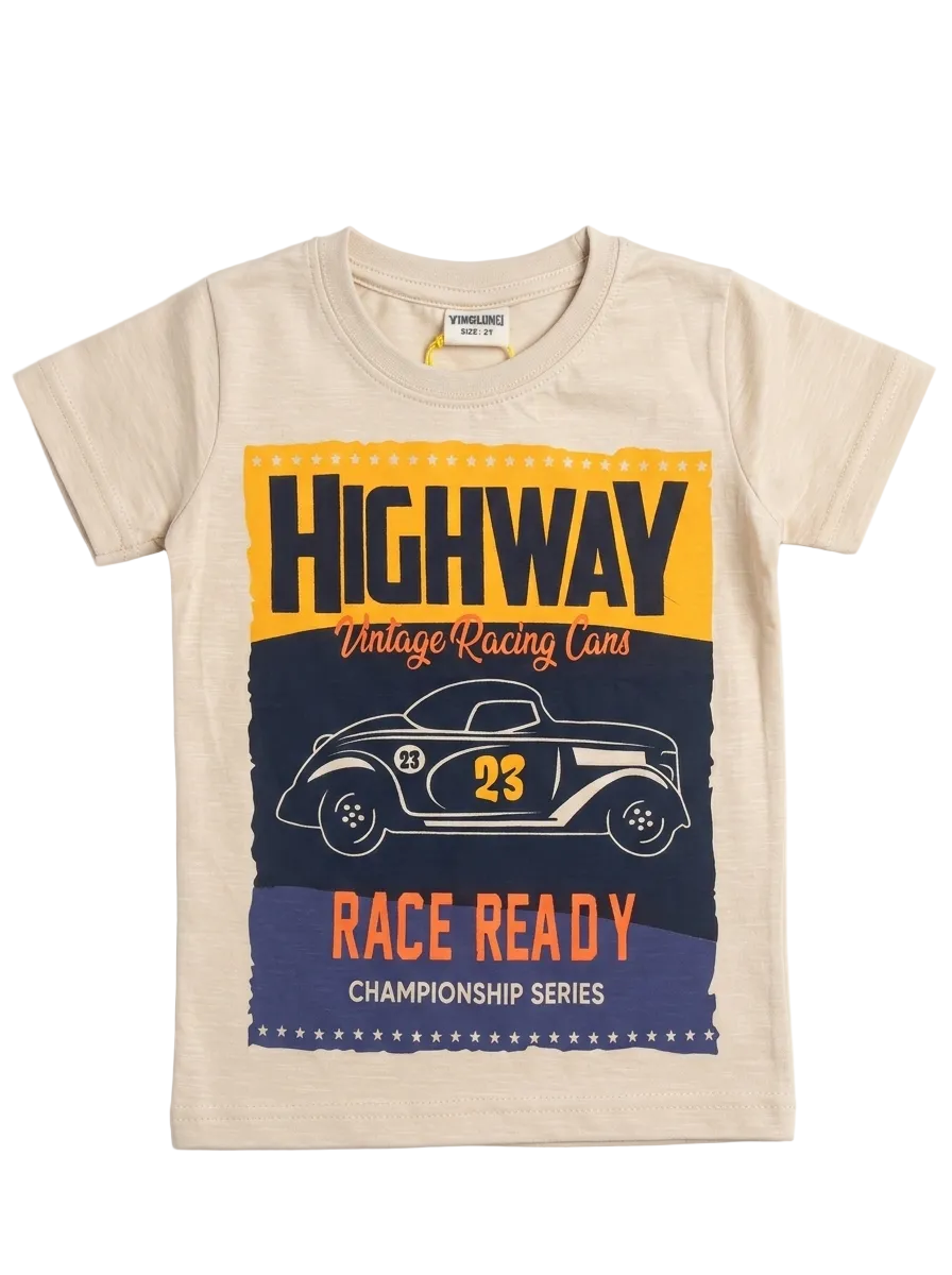 Beige Race Ready Printed T-shirt for Boys (Minor defect)