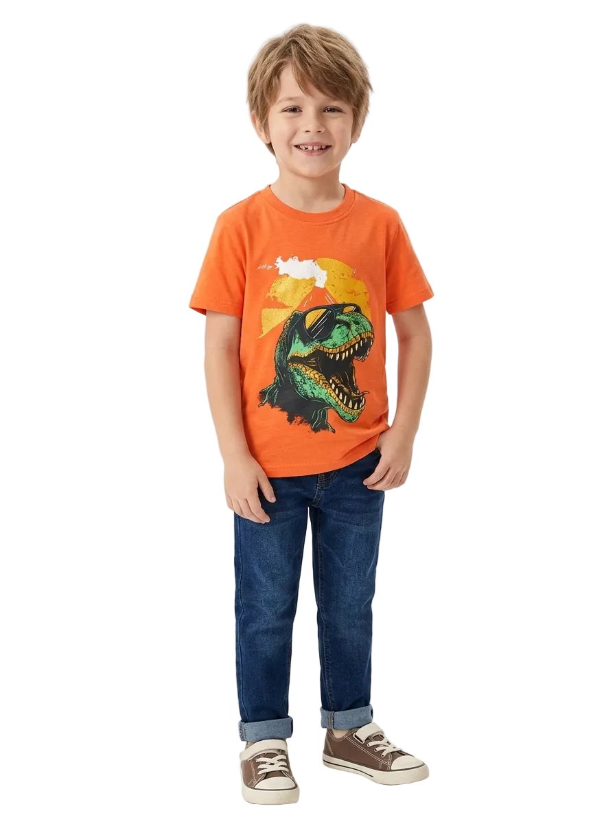 Orange Dino Printed T-shirt