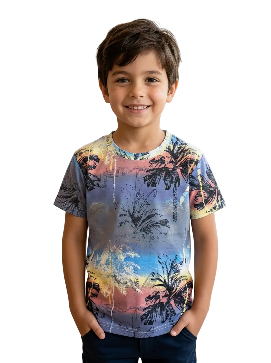 Greyish Blue Beach Style Printed T-shirt for Boys
