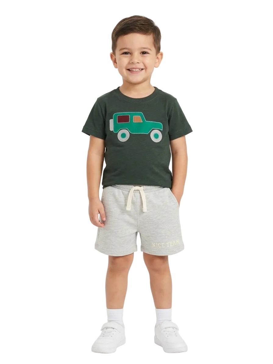 Charcoal Green Car Embroidered 2 PC Set for Boys