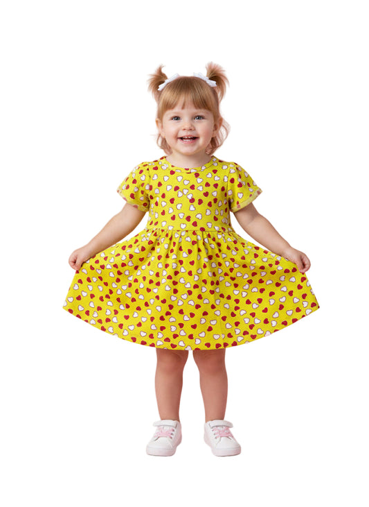 Yellow Hearts Printed Frock For Girls