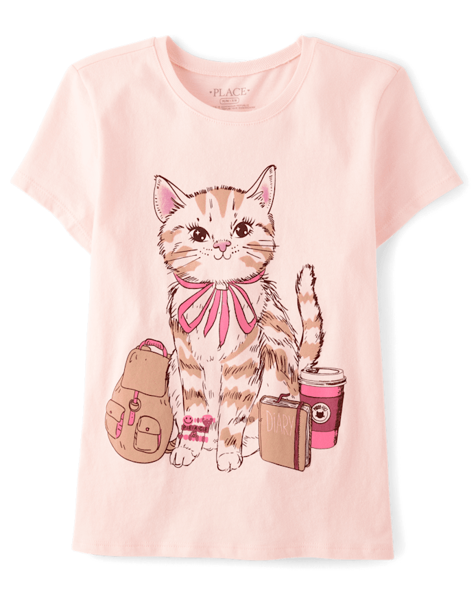 Girl Pink Cat Things Graphic Tee - Pink