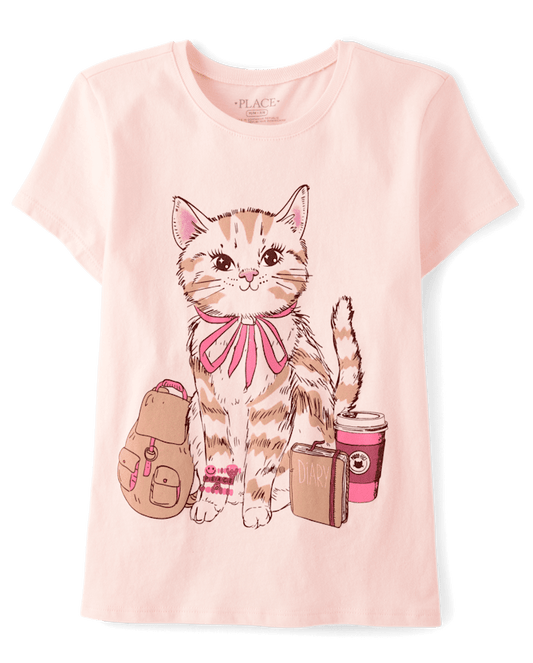 Girl Pink Cat Things Graphic Tee - Pink