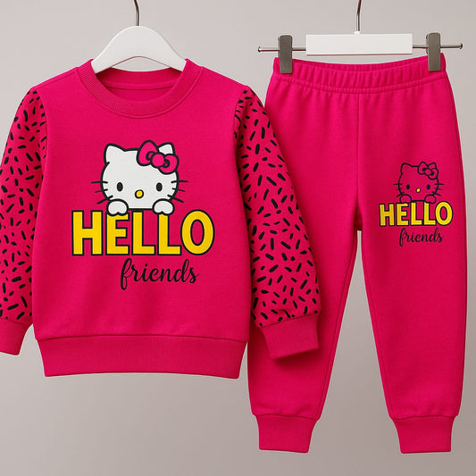 Pink Hello Kitty Printed Girls Winter Tracksuit