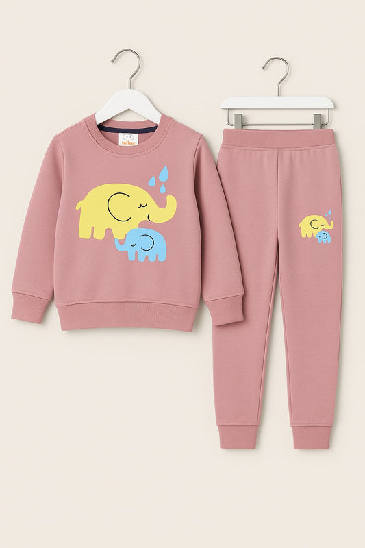 Pink Printed Girls Winter Tracksuit