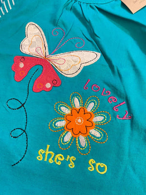 Girls Green Butterfly Embroidered Tee Shirt